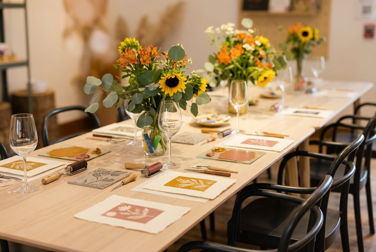The long workshop table set with wine glasses, flowers, carving tools, brayers and finished block prints